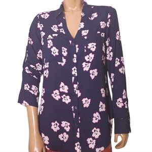 Express Navy Button-Down Shirt with Pink Floral Print